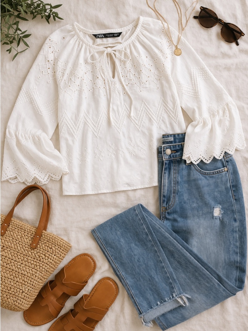Zara White Embroidered Eyelet Bell Sleeve Boho Blouse NWT XS - Picture 2 of 10